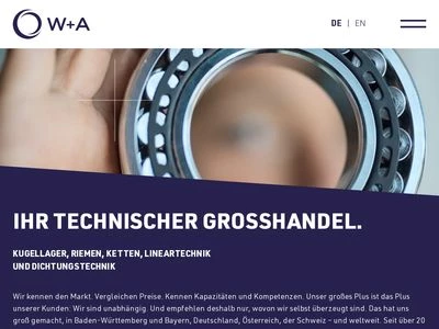 Website von W+A Wälzlager- und Antriebstechnik GmbH