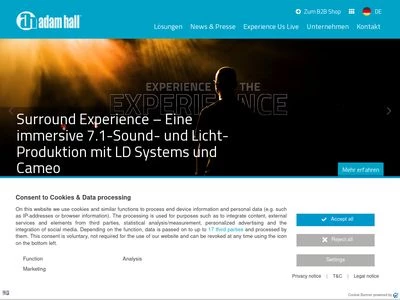 Website von Adam Hall GmbH